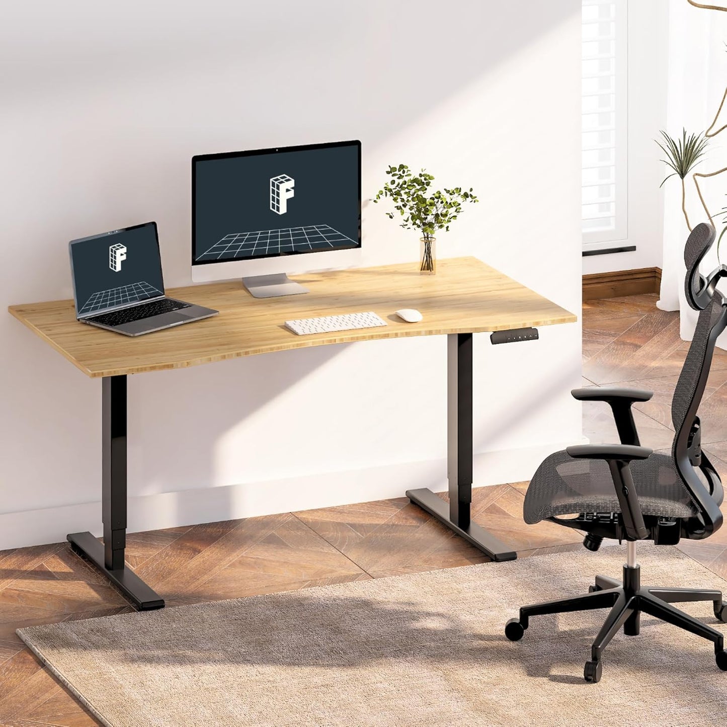 FLEXISPOT E6 Essential Bamboo 3 Stages Dual Motor 48x24 Inch Electric Height Adjustable Standing Whole-Piece Board Desk Sit Stand Up Desk (Black Frame + Bamboo Curved Desktop)