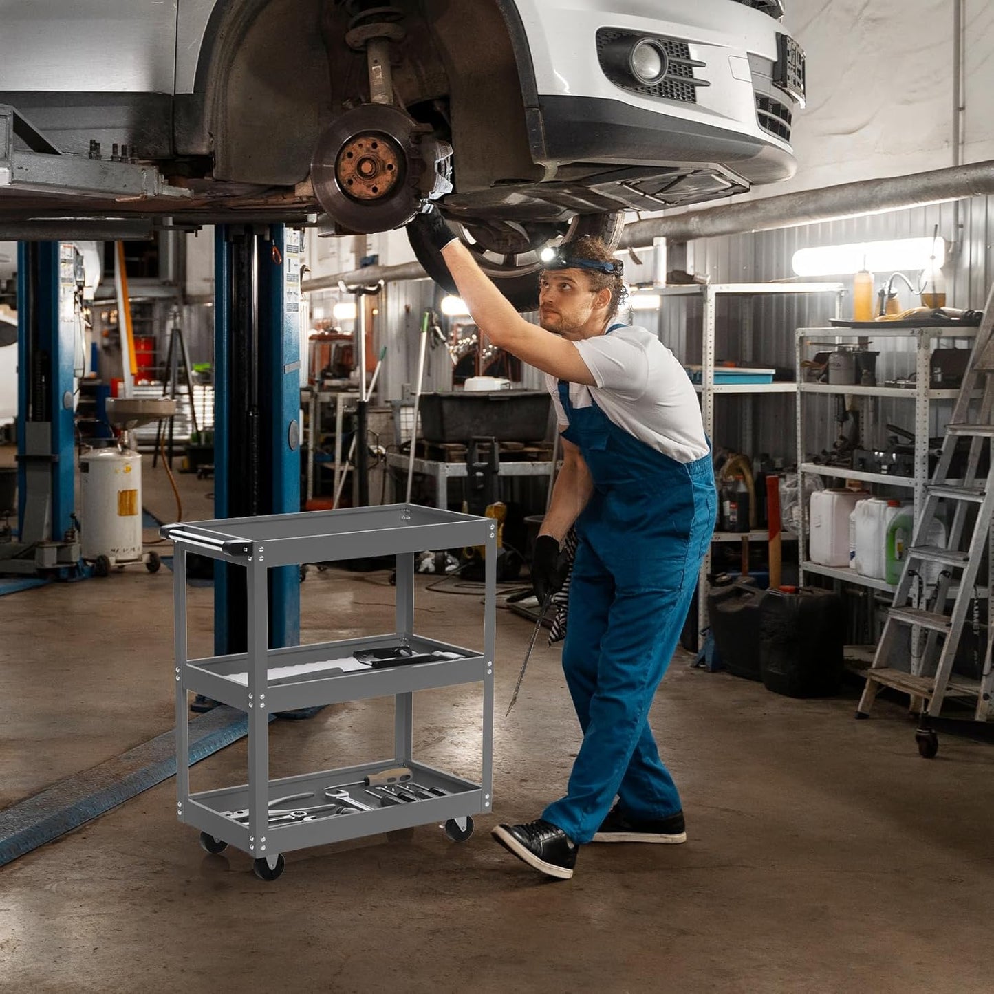 ALANNG 330 LBS Rolling Tool Cart, Heavy Duty Mechanic Cart, Metal Service Cart for Garage Workshop (Grey, 1 Pack)