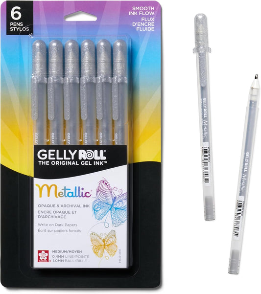 SAKURA Gelly Roll Metallic Gel Pens - Pens for Scrapbook, Journals, or Drawing - Metallic Silver Ink - Medium Line - 6 Pack