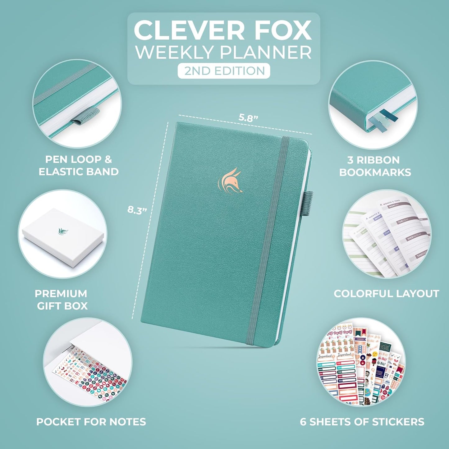 Clever Fox Planner 2nd Edition – Colorful Weekly & Monthly Goal Planner, Time Management & Productivity Organizer, Undated, A5 (Aquamarine)