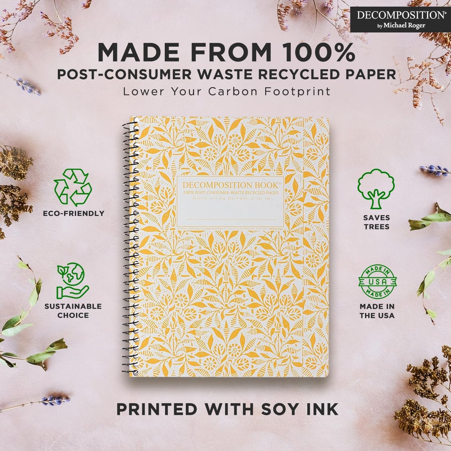 Decomposition 3-Pack Floral Harmony College Ruled Spiral Notebook - 9.75 x 7.5 Journal with 160 Lined Pages - 100% Recycled Paper - Cute Notebooks for School Supplies, Home & Office - Made in USA