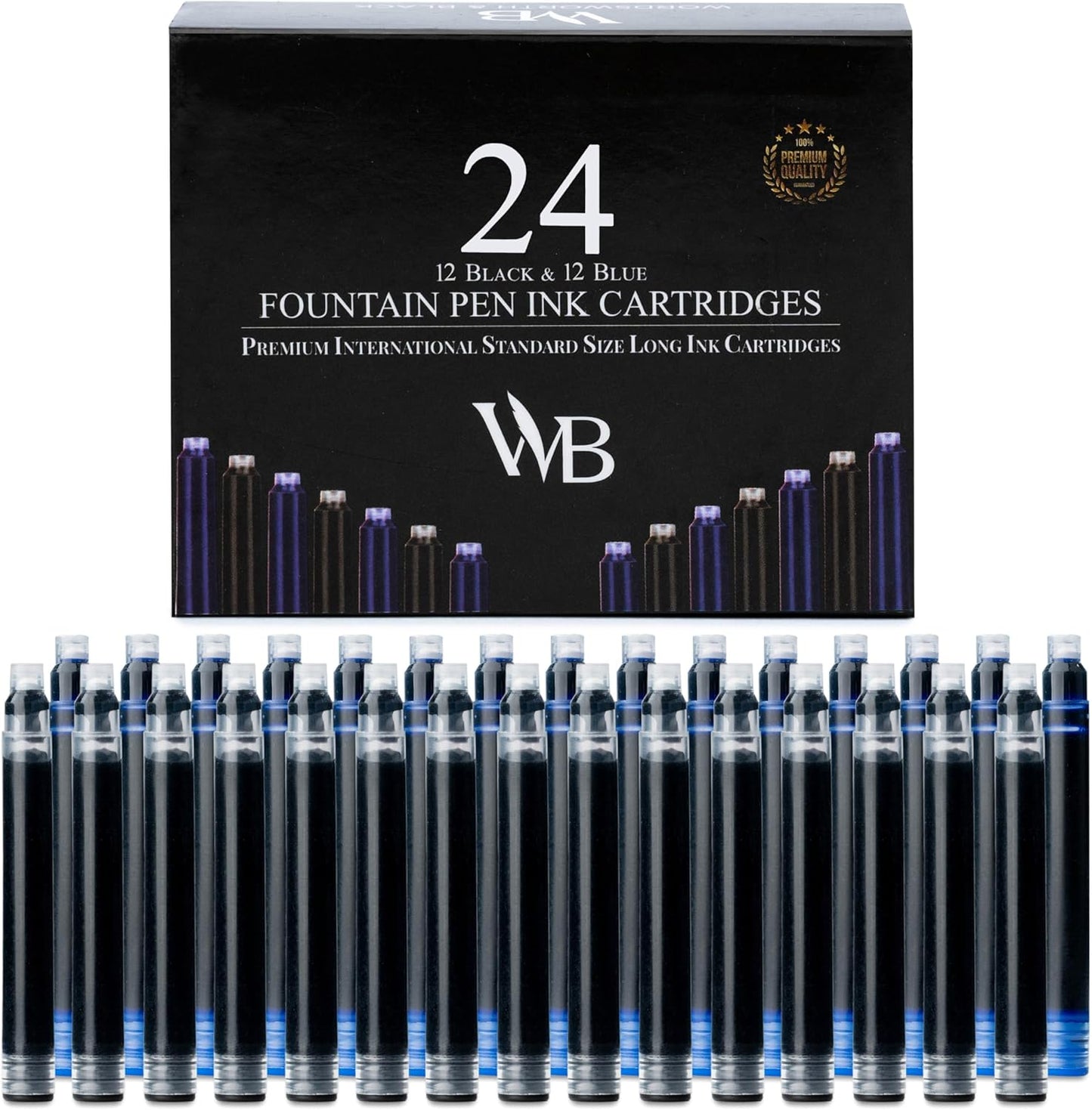 Wordsworth & Black 24 Pack Fountain Pen Ink Refills - Set of 12 Black - 12 Blue Ink Cartridges - International Standard Size - Length APPR 2.3" - Base Diameter APPR 0.24" - Disposable and Generic