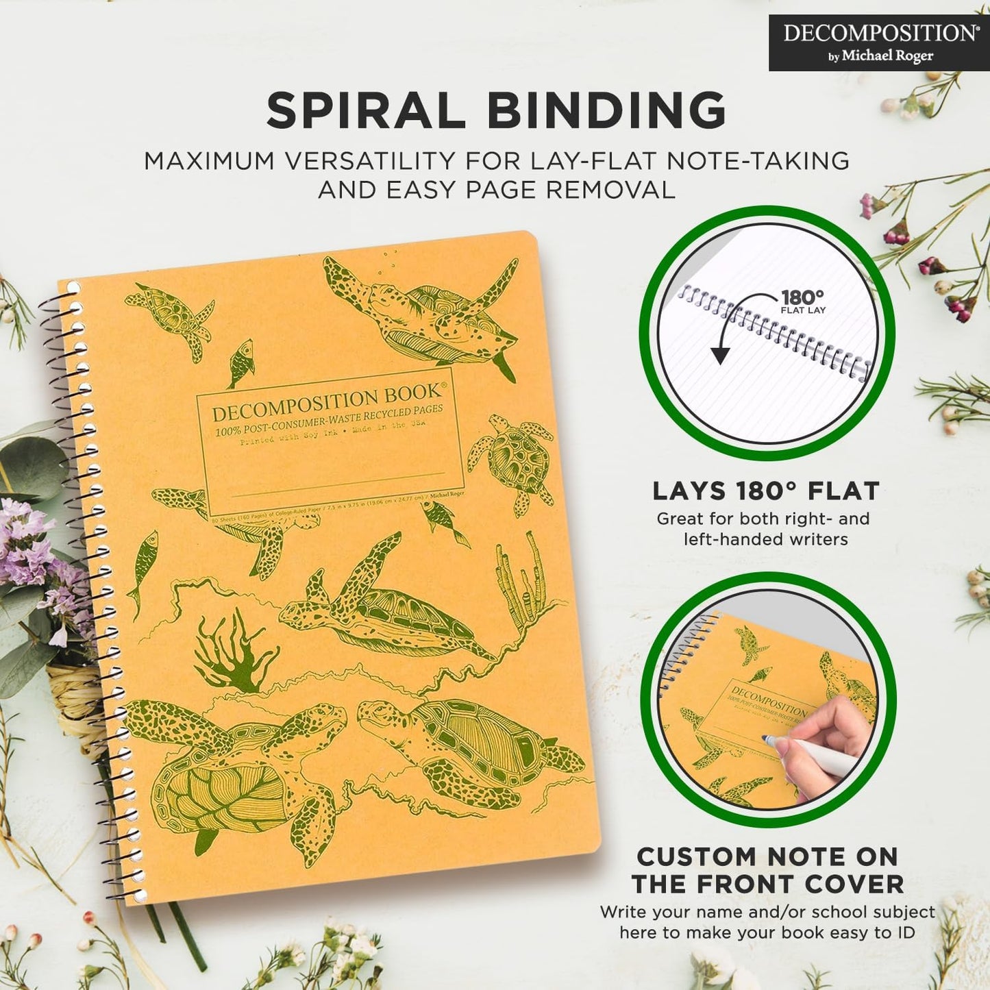 Decomposition Sea Turtles College Ruled Spiral Notebook - 9.75 x 7.5 Journal with 160 Lined Pages - 100% Recycled Paper - Cute Notebooks for School Supplies, Home & Office - Made in USA