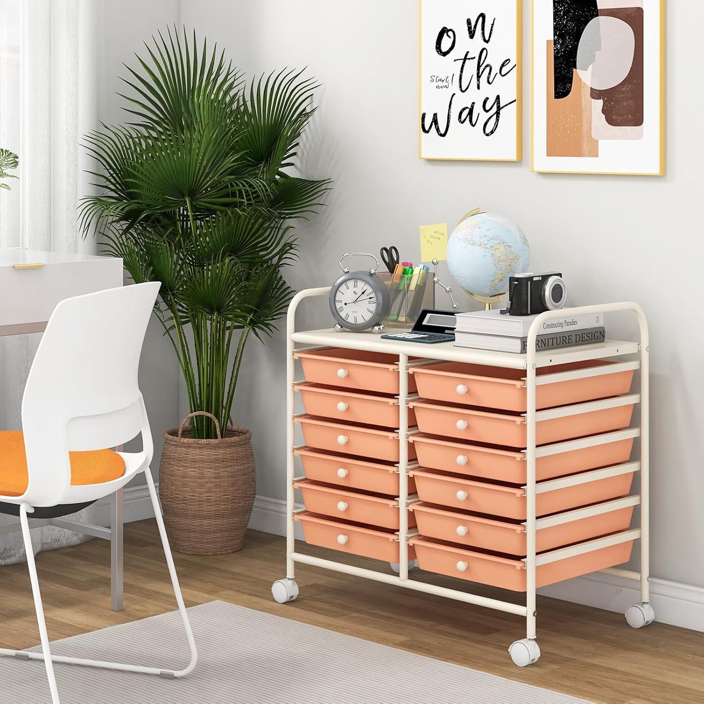 Giantex 12 Drawers Rolling Cart, Mobile Storage Drawer Cart, Classroom Organizer Cart for Office School Supplies Tools Scrapbook Paper Craft Small Printer, Utility Cart on Wheels, Peach Fuzz