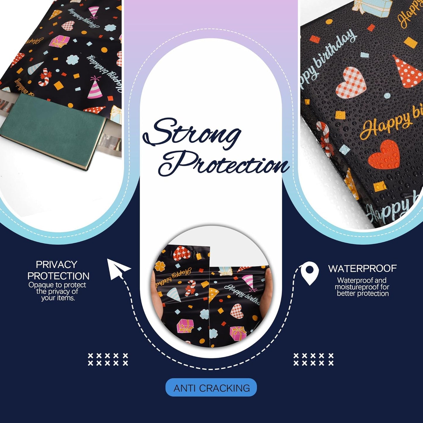 Happy Birthday Poly Mailer 12x15.5 Inch 50 Pcs, Waterproof Shipping Bags for Clothing, Tear-Resistant Mailier Bags, Strong Mailing Bags with Self-Seal