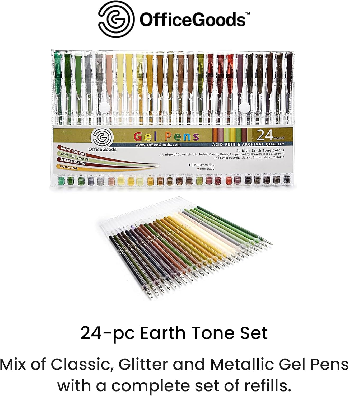 OfficeGoods Brown Earth Gel Pens with Refills – Adult Coloring Journaling Art – Medium 0.8-1.0mm Tips – Non-Toxic Gel Pens Set – Quick Dry Smudge-Free 24 Pack Colors