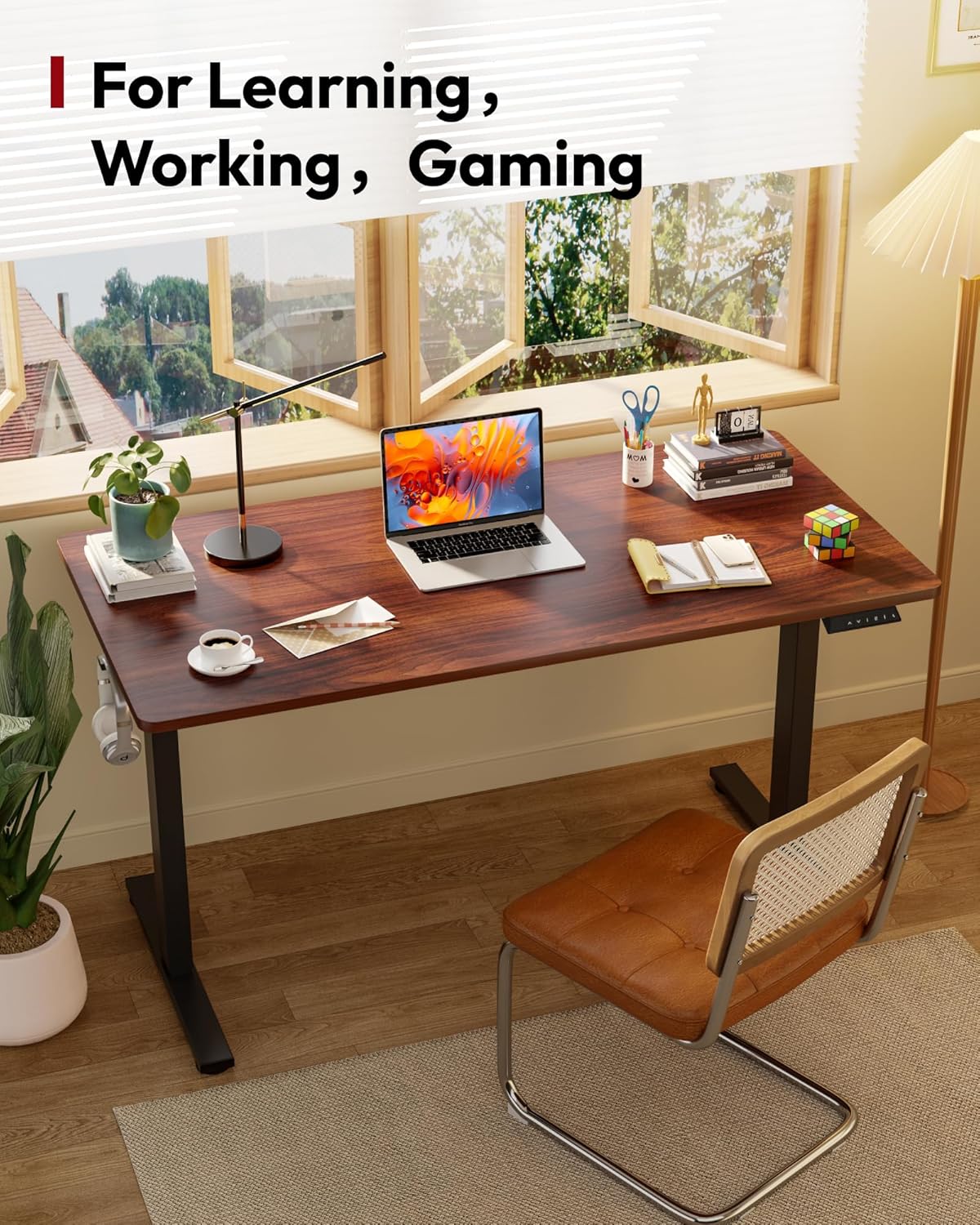 SANODESK Electric Standing Desk 55 x 28 Inches Whole-Piece Desktop Height Adjustable Stand Up Desk w/6-Button Controller Ergonomic Computer Desk for Home Office, Black Frame + Mahogany Tabletop