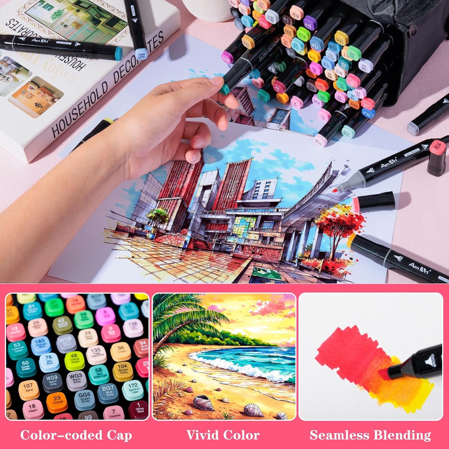 AenArt Alcohol Markers Set, 80 Color Dual Tip Art Drawing Markers, Artist Pens with Organizing Case for Adult Drawing Coloring Sketching