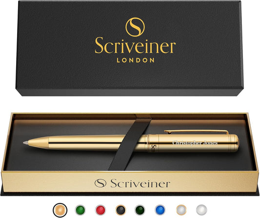 Scriveiner Personalized Gold Ballpoint Pen - Stunning Luxury Pen, Real Gold Plating, Schmidt Ink Refill, Best Engraved Ball Point Gift Set for Men & Women, Custom Name Engraving