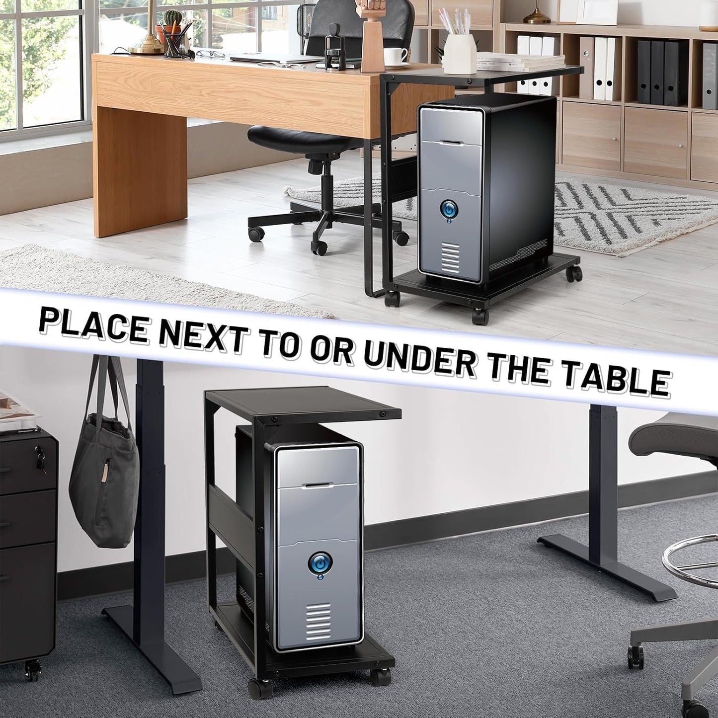 PC Stand Computer Tower Stand 2-Tier Metal CPU Holder with Locking Caster Wheels Suitable for Most PC (Black, L)