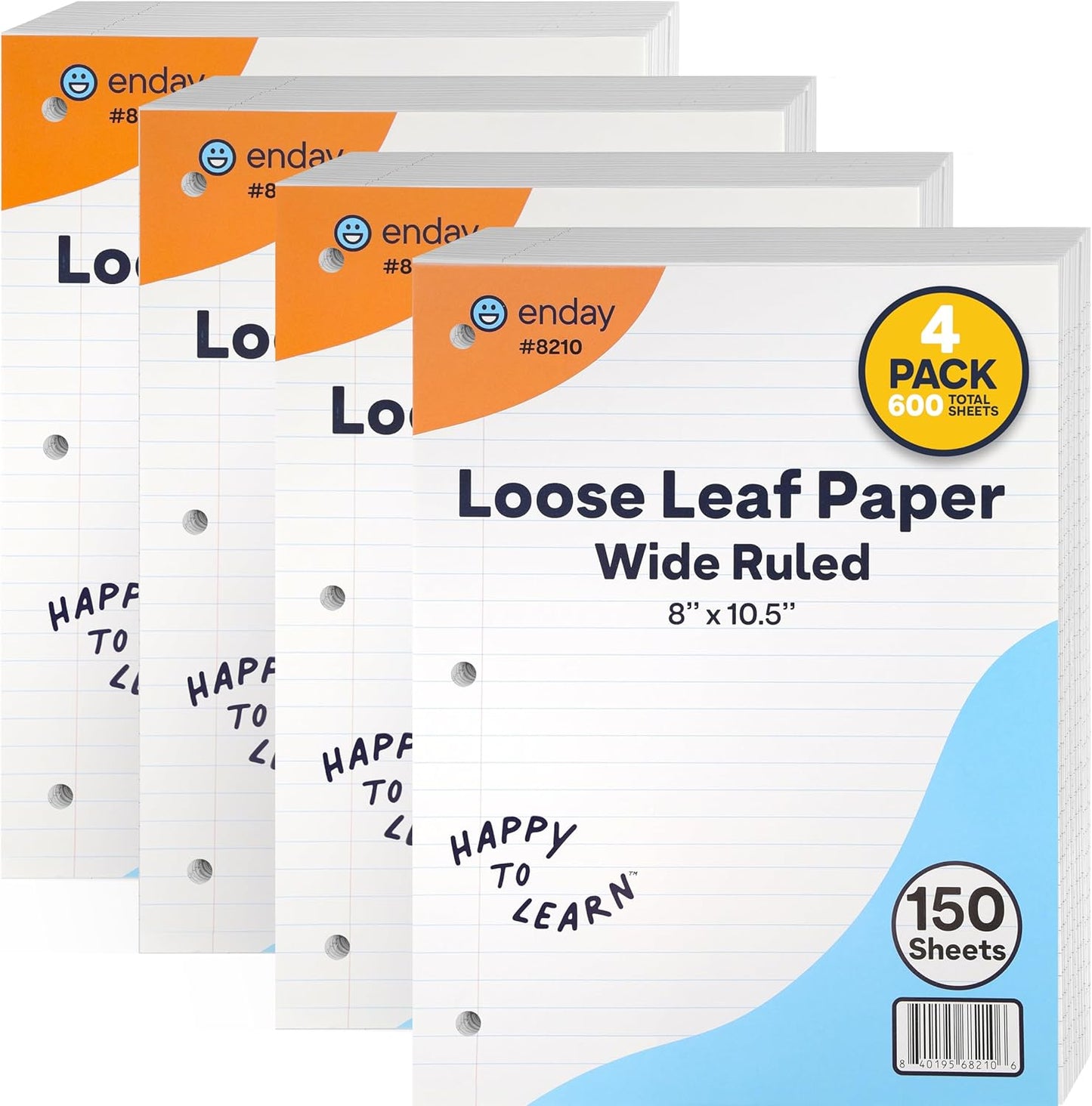 Loose Leaf Paper Wide Ruled Notebook Paper, 8" x 10.5" Filler Paper White, 3 Hole Punched Binder Paper for 3 Ring Binders, Lined Paper 150 Sheets Per Pack (4 Pack) - By Enday