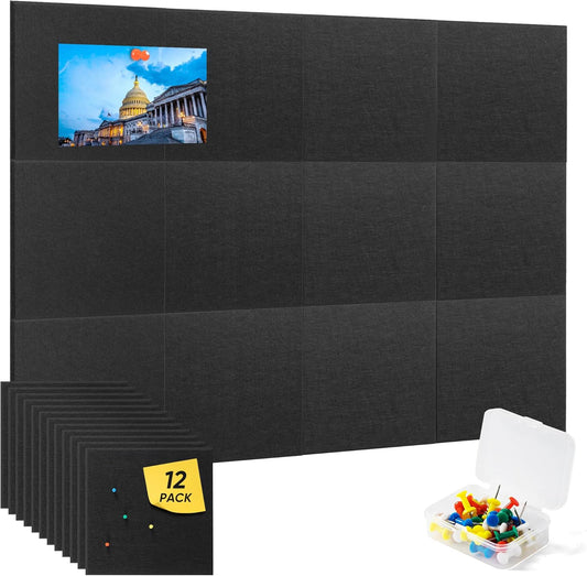 VUSIGN Large Cork Board for Wall 47"x35", 12 Pack Bulletin Board, Felt Wall Tiles with Adhesive Tabs and Push Pins, Push Pin Board for Office, School, Home, Black