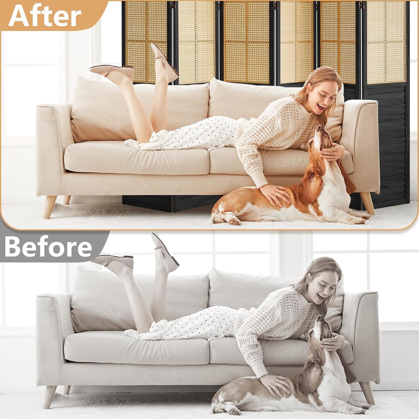 6 Panel Rattan Room Divider Panel, 5.6Ft Partitions and Dividers, Louvered Partition Divider, Room Dividers Screen, Solid Wood Frame, Folding Screen, Bedroom, Family Room, Black