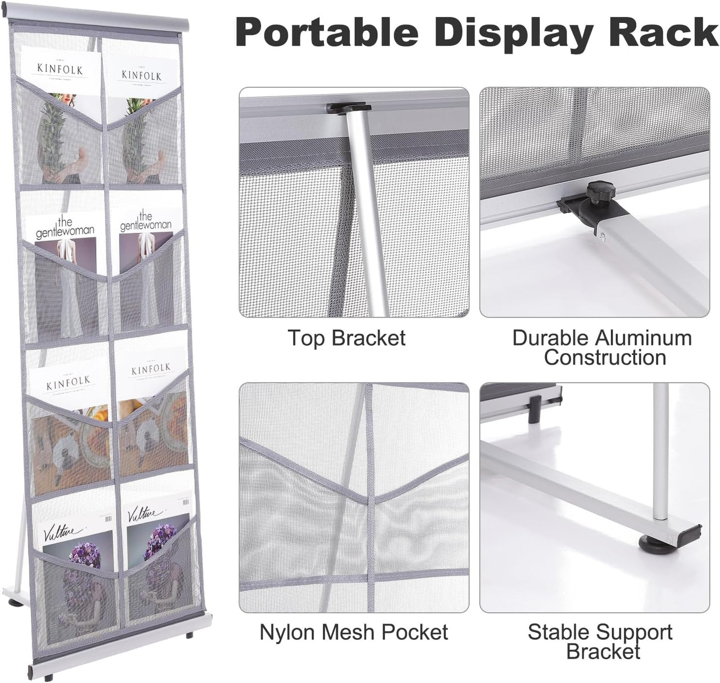 PATIKIL Portable Magazine Display Racks Floor Standing Double A4 8 Mesh Pockets Brochure Stand Catalog Literature Holder for Hotel, Exhibition, Office, Gray