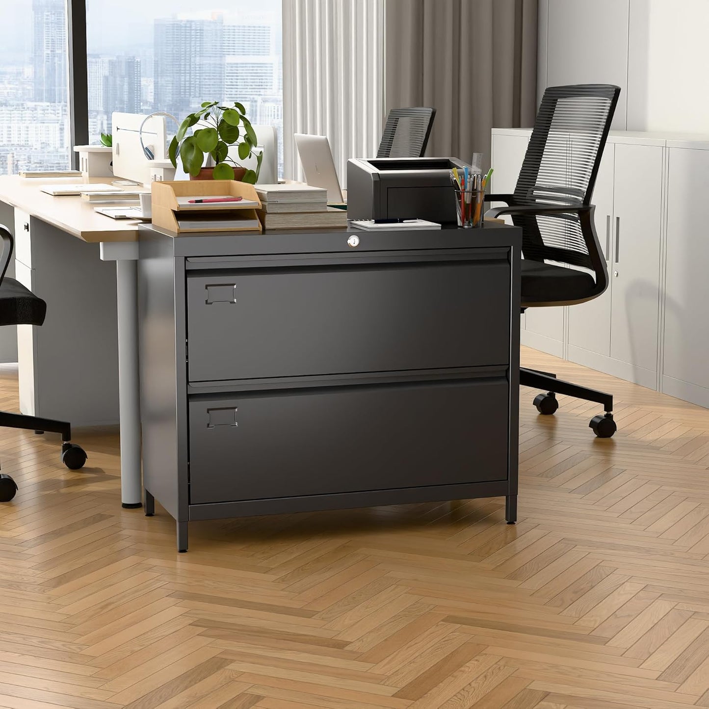 Metal 2 Drawer Lateral File Cabinet with Lock & Adjustable Feet - Wide Filing Cabinet for Letter/Legal/F4/A4 Hanging Files - Includes Business Card Holder,Home Office School Storage,Black