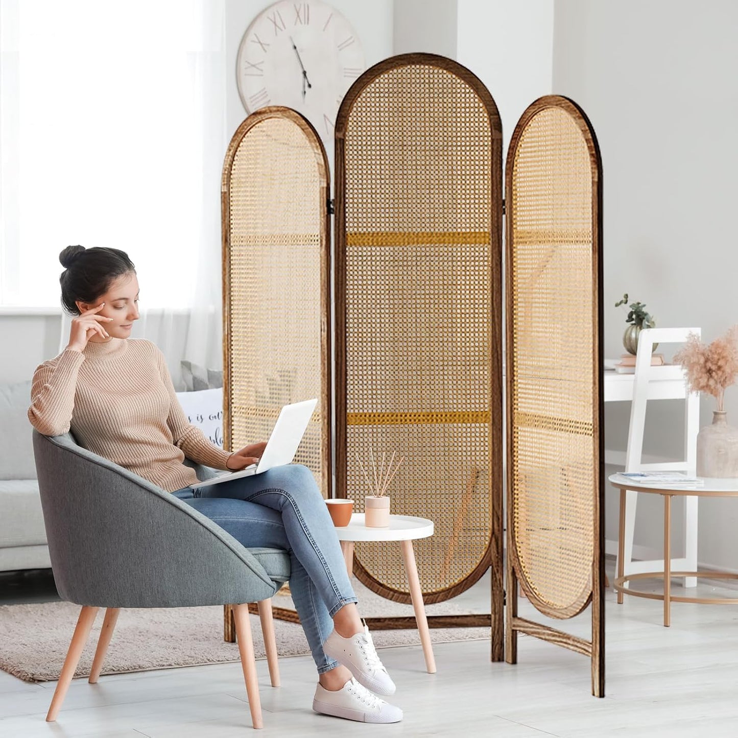 5.9 Ft Tall Hand-Woven Rattan Room Divider 3 Panels, Wood Room Divider Panel, Folding Screen Divider Wall, Wall Divider for Room Separation, Folding Privacy Screen, Home Office - Brown