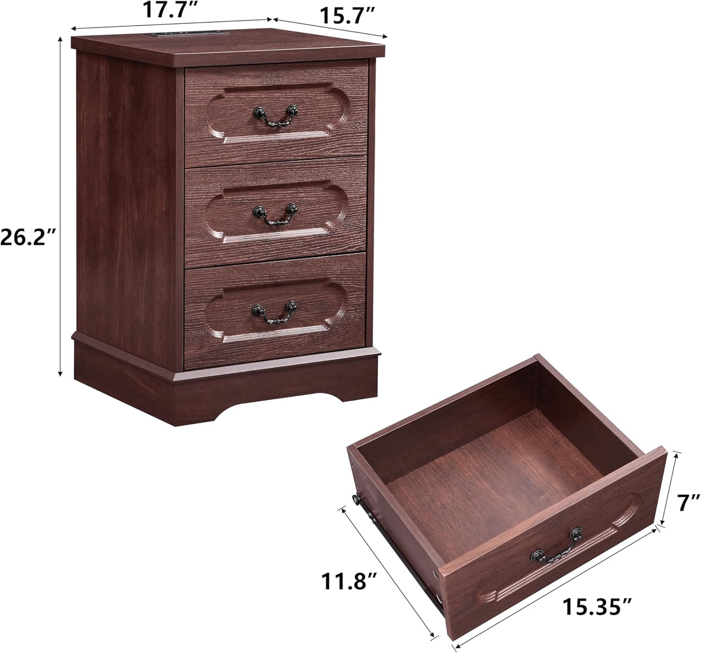 LIDYUK 3 Drawer Dresser for Bedroom Farmhouse Cherry Wood Chest of Drawers Bedroom Dresser with Charging Station, Rustic Small Drawers Dressers Nightstand Wooden Closet Storage Cabinet, Living Room