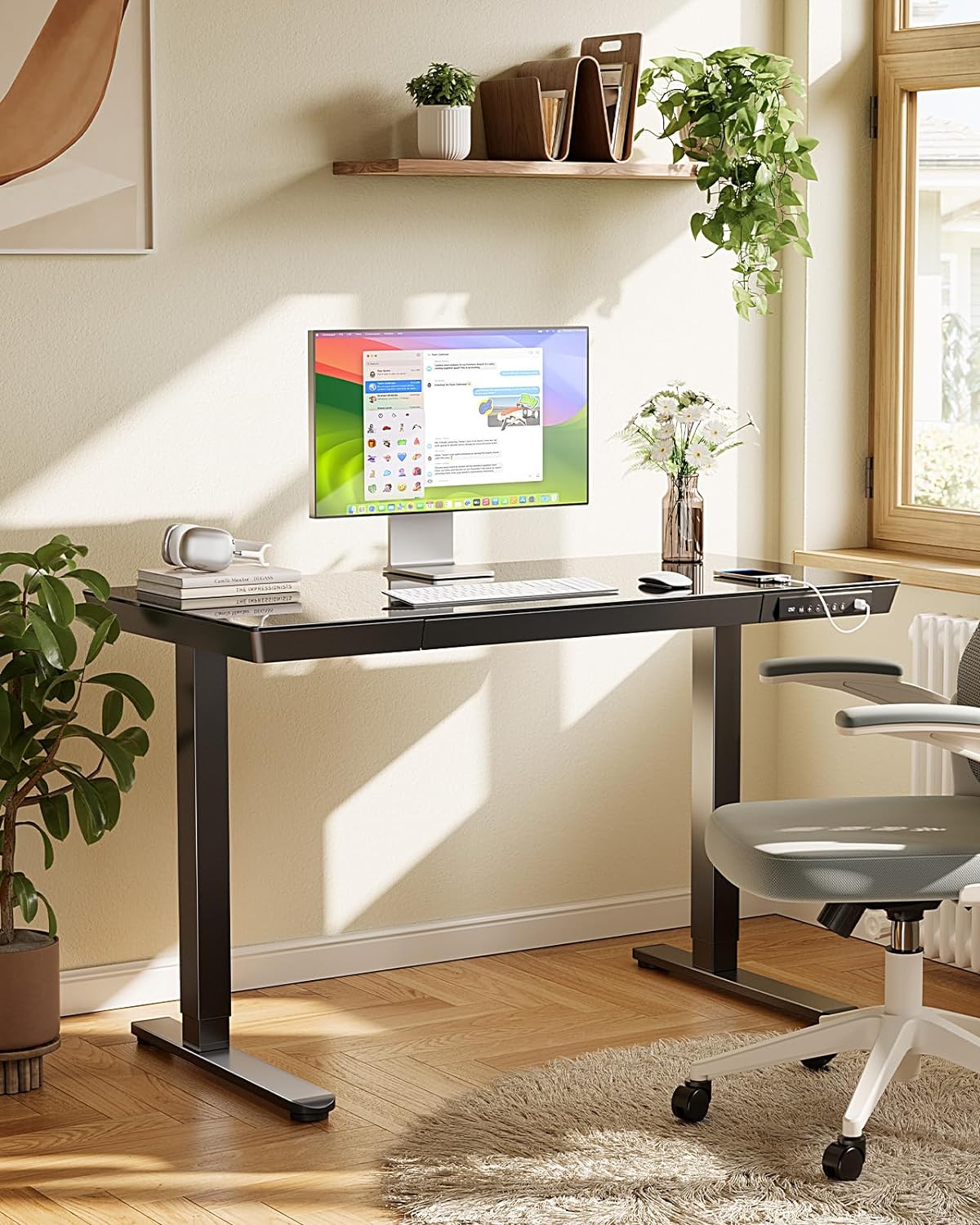 Marsail Glass Standing Desk with Drawer,55 x 28 inch Electric Standing Desk, Sit Stand Desk with One-Piece Tabletop & USB Charging Ports, Height Adjustable Desk with Storage for Home & Office Black