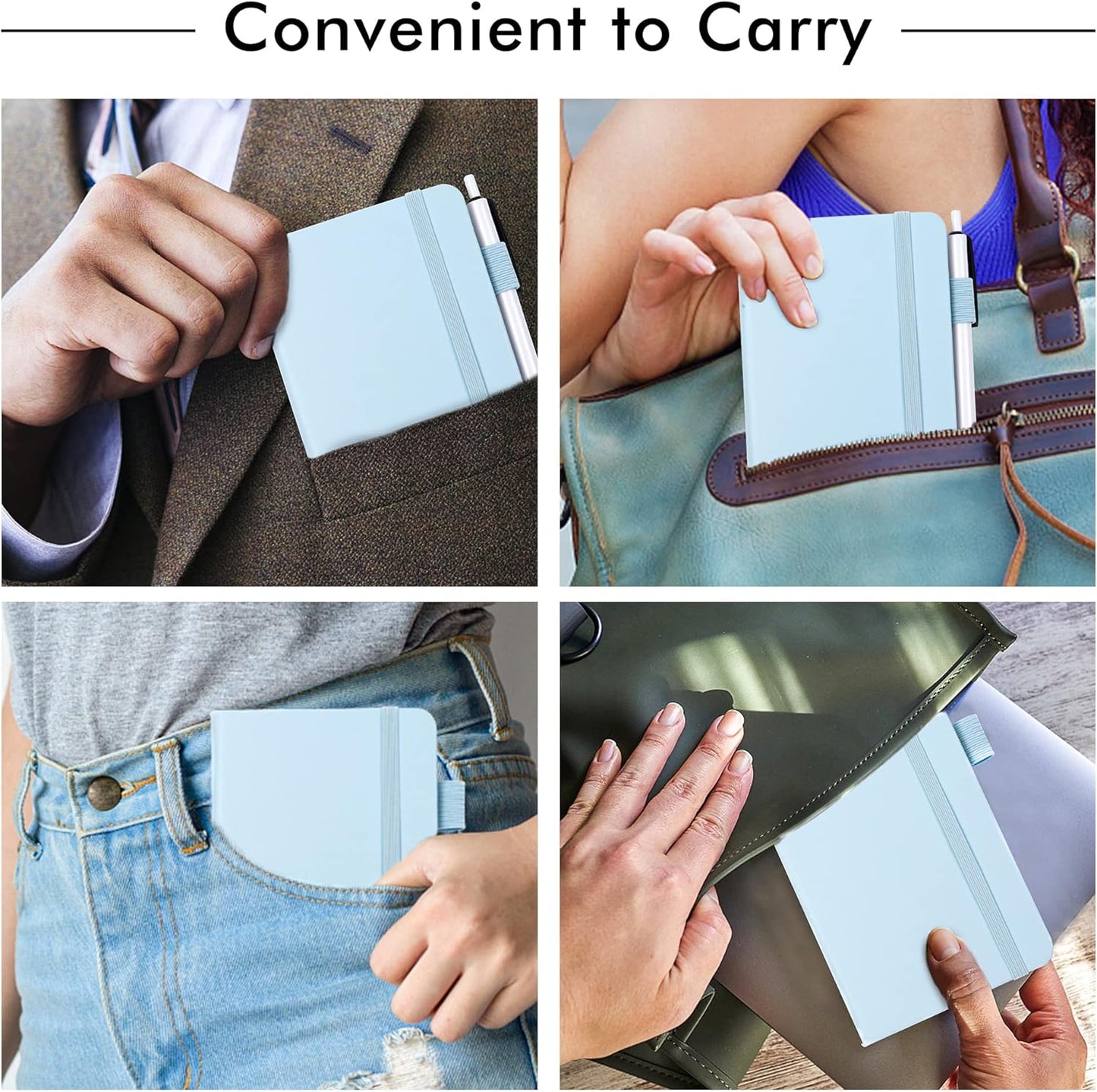 feela 3 Pack Pocket Small Notebook Journals, Mini Cute Memo Notepad Hardcover College Ruled Lined Journals with Pen Holder for Women Girls Office School, with 3 Black Pens, 3.5”x 5.5”, A6, Light Blue