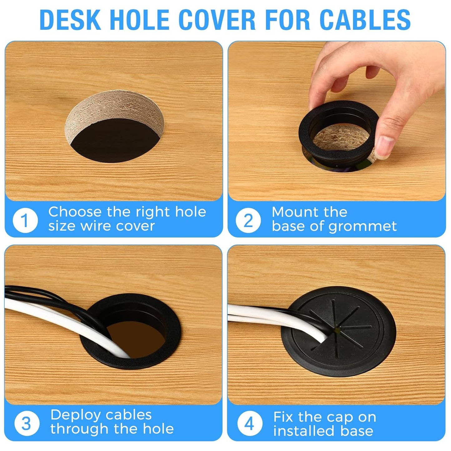 Desk Grommet 2" (50 mm), Desk Hole Cover for Cables White and Black, Cable Grommet ABS Plastic, Desk Hole Grommet for Office and Home Table Cable, Flexible Cable Cord Organizer-2 Pcs