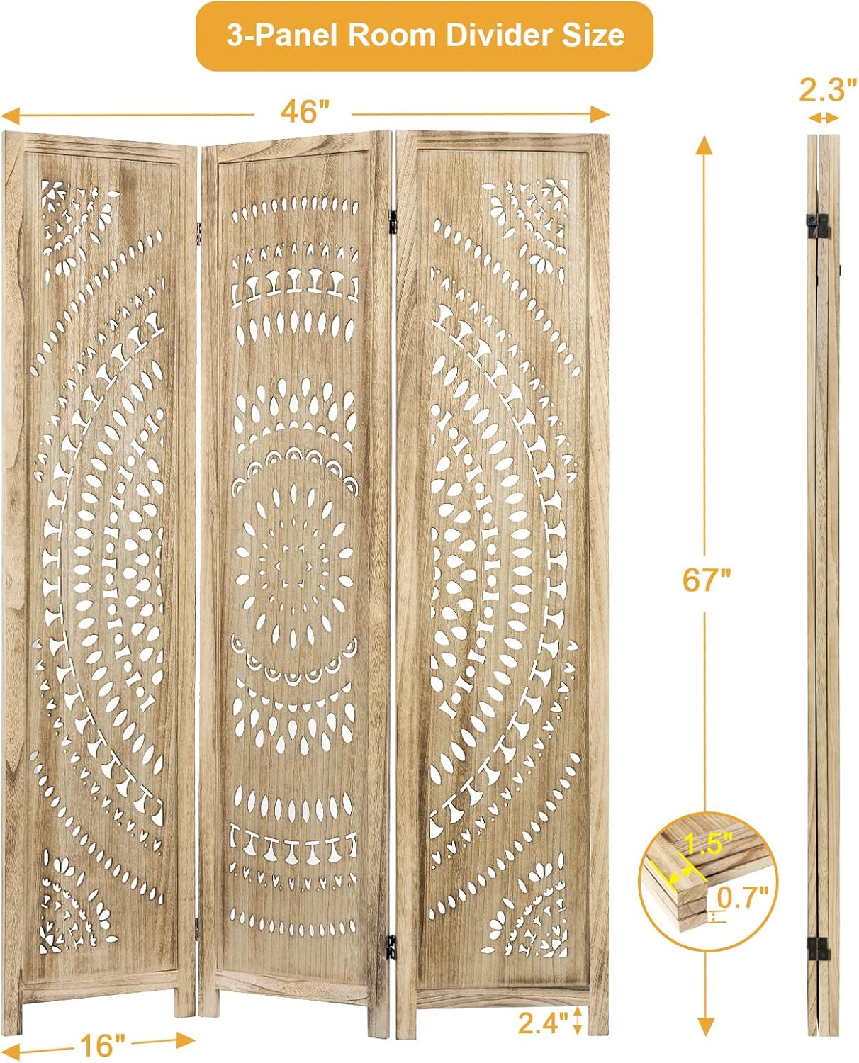 3 Panel Handcrafted Carved Room Divider Screen, 360° Adjustable Wood Folding Privacy Screens for Room Separation, 66.9 Inch Partition Room Dividers for Home Bedroom Office, Natural