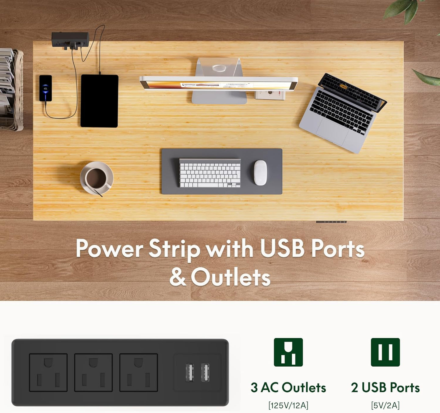 FLEXISPOT EN2 Whole-Piece Bamboo Standing Desk with Clamp Power Strip, 55 x 28 Electric Stand Up Height Adjustable Desk with Cable Management (Black Frame + 55" Bamboo Top, 2 Packages)