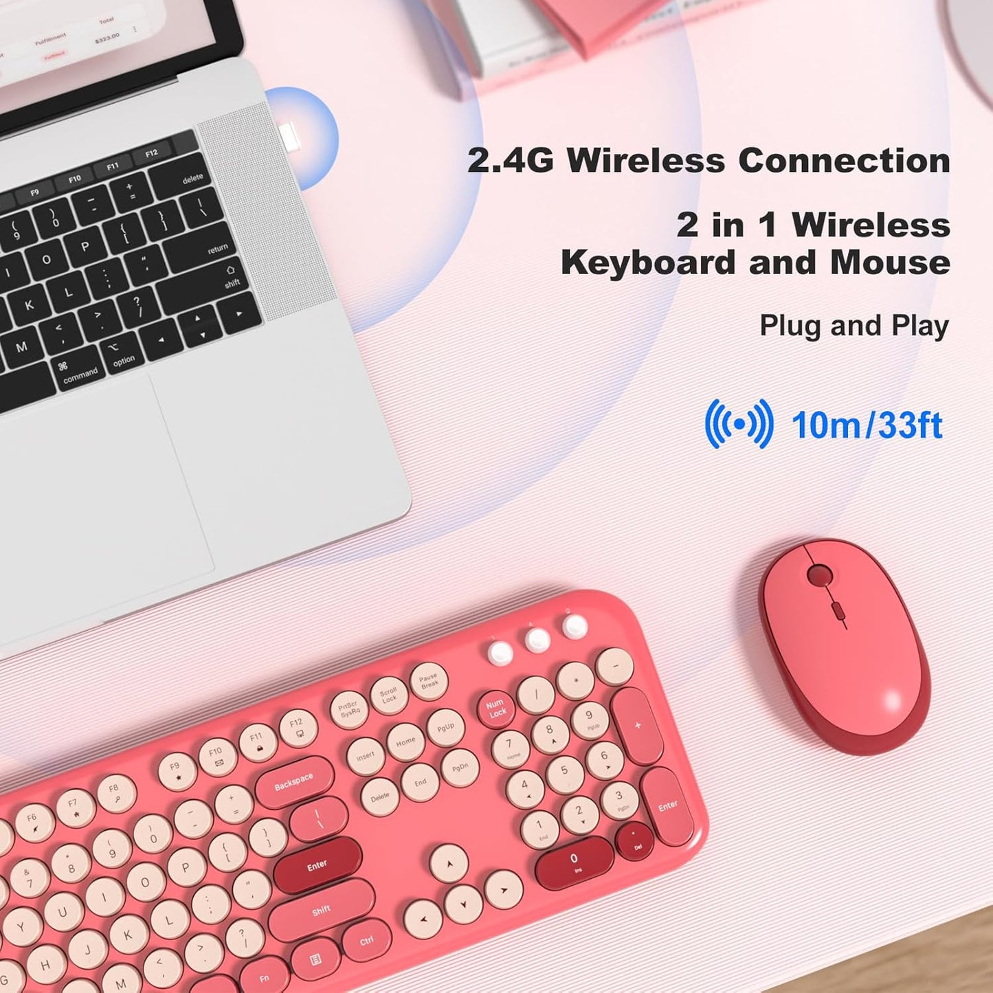 MOFII Wireless Keyboard and Mouse Combo, Cute Keyboard Full Size and Wireless Mouse, 2.4GHz Retro Typewriter Keyboard Wireless Mouse Set for PC/Desktop/Laptop/Windows (Hot Pink)