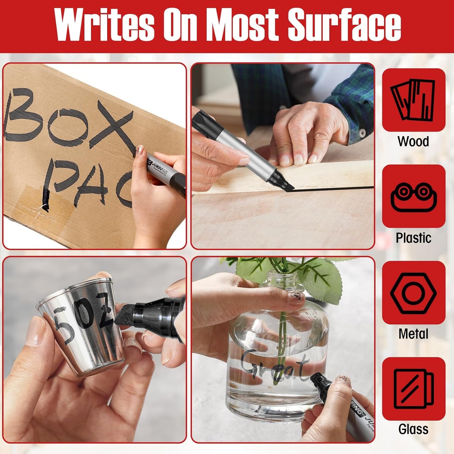 Fuutreo 32 Pcs Jumbo Permanent Markers Bulk Large Chisel Tip Permanent Markers Waterproof Jumbo Pens Quick Drying Office Teacher Supplies(Black)