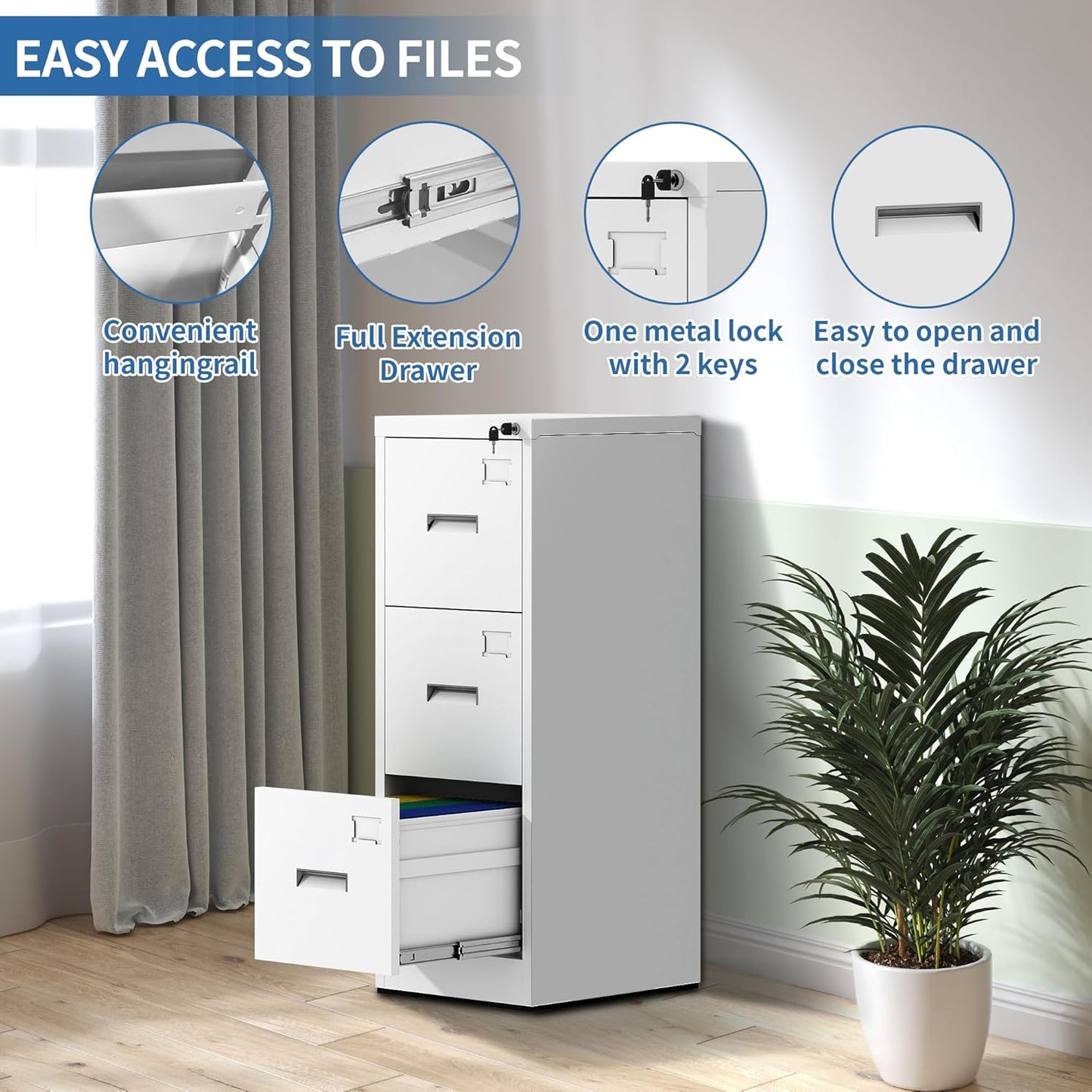 3 Drawer File Cabinet with Lock and Card Slot, Metal Vertical Filing Cabinets for Home Office, Steel Storage Cabinet for Hanging Legal/Letter Size Files, Assembly Required (White)