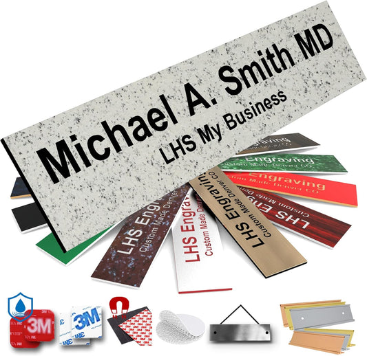 Door Name Plate Personalized for Office Stone Granite Plastic Name Plate Black Letters - Made in USA 2x8 S3