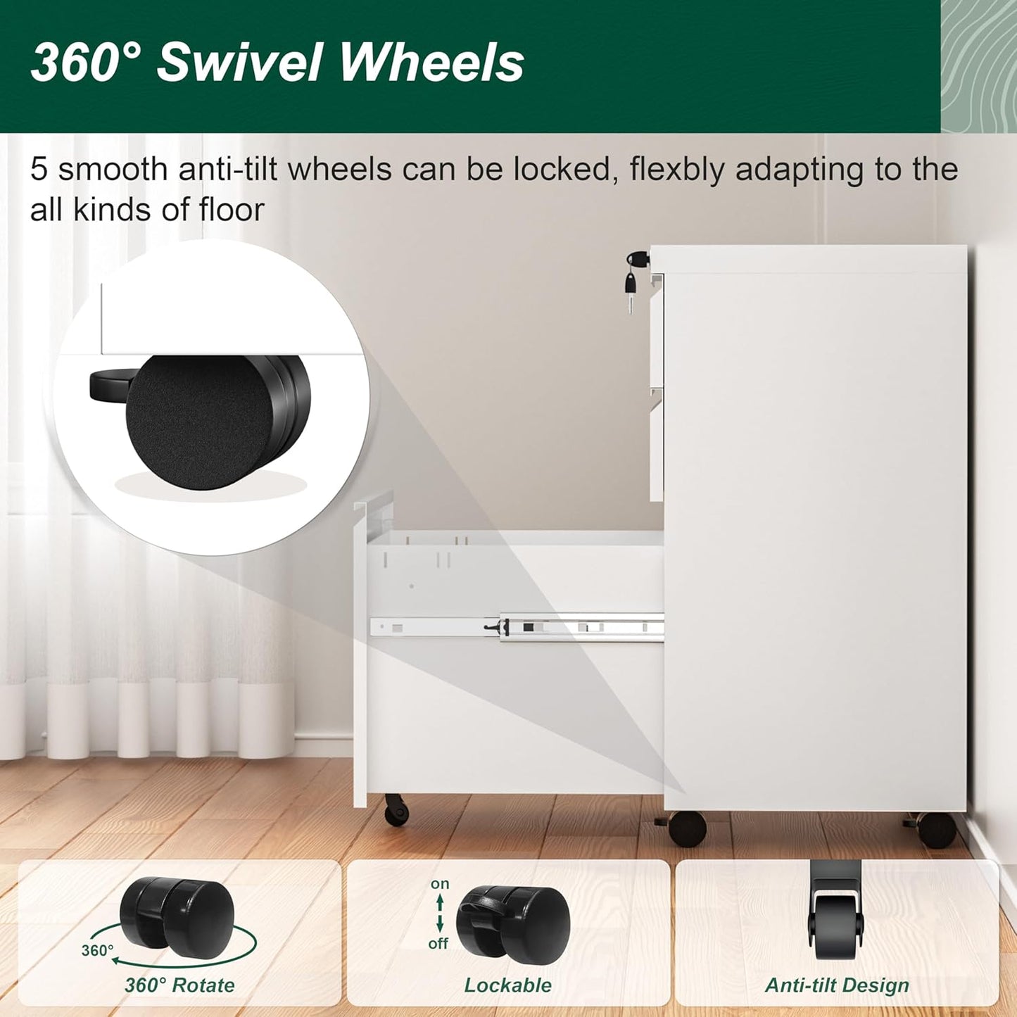 Superday White 3 Drawer Mobile Locking File Cabinet, Metal Rolling Vertical Filing Cabinet with Drawers, Small Under Desk File Cabinets for Office and Home, Fully Assemble