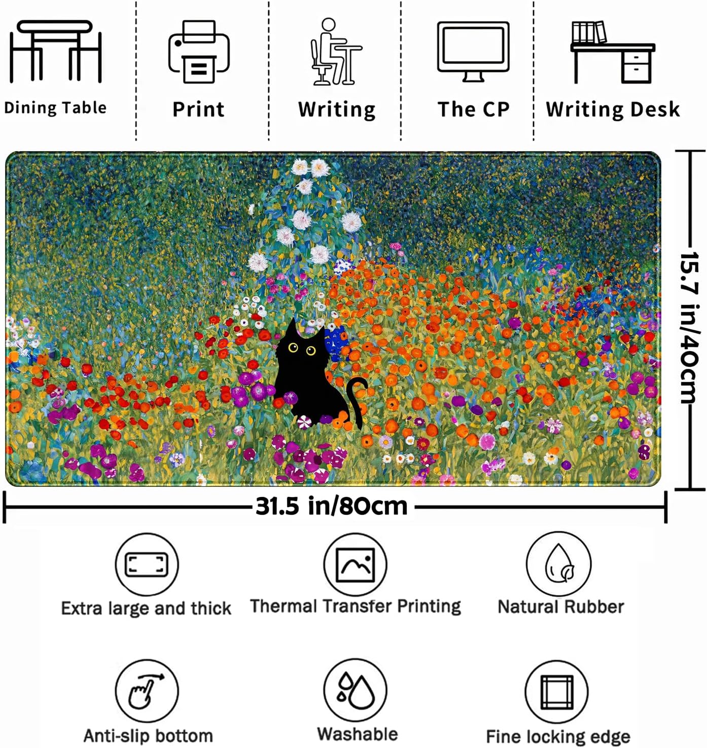 Desk Pad Cute Black Cat Oil Painting Art Floret Desk Mat Office Desk Decor Large Mouse Pad Gaming, XL Mousepad Women Office Desk Decor Laptop Keyboard Mouse Pads with Stitched Edges Mat 31.5x15.7 in