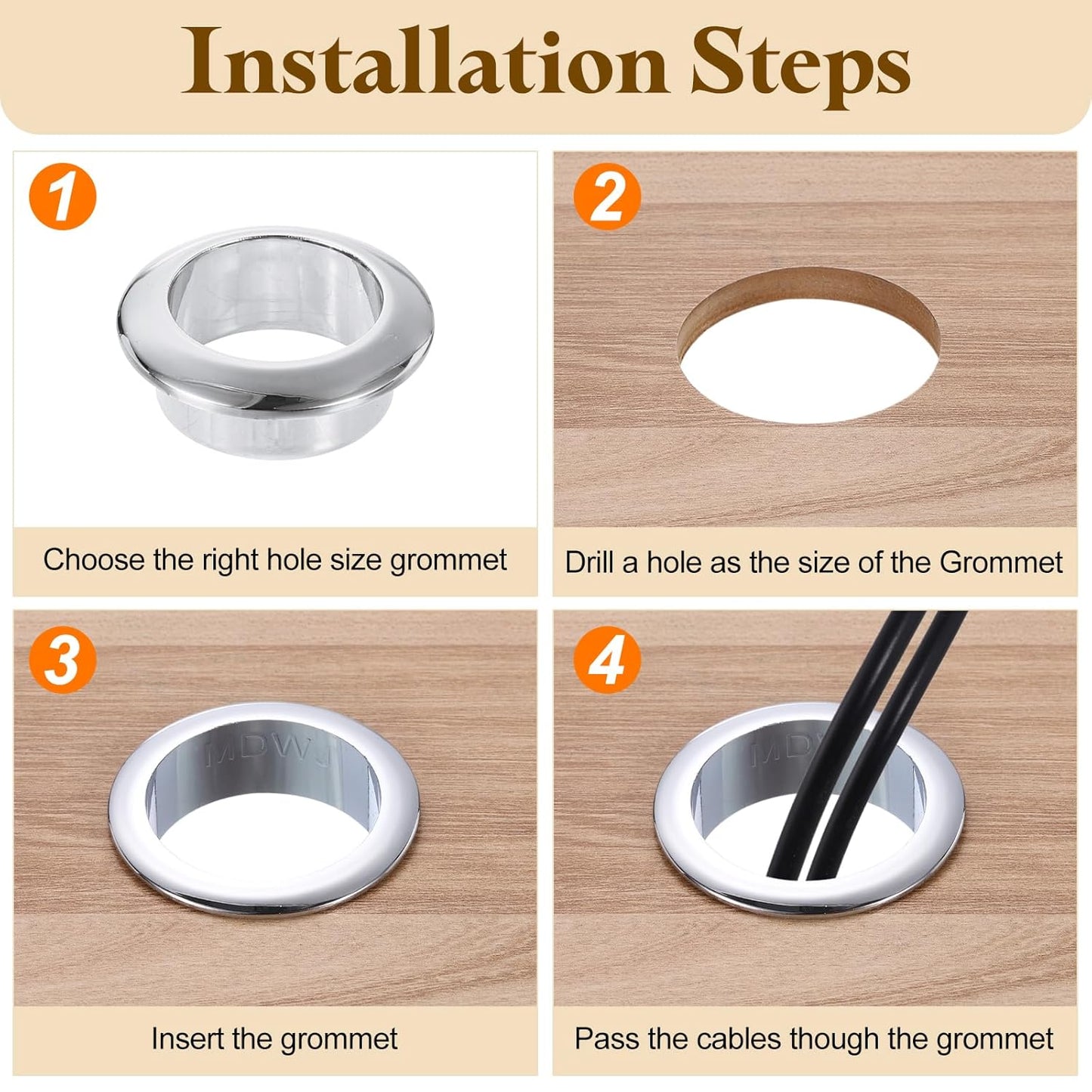 uxcell Desk Grommet, 1-9/16" (40mm) Zinc Alloy Cable Hole Cover Wire Cord Organizer with Marked Cable Ties for Home Office Desktop Wire, Black