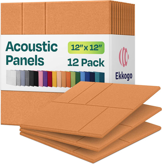 Acoustic Panels 12-Pack Soundproof Wall Panels 12"x12"x0.4" Decorative Sound Dampening for your Home, Office, Studio, Bedroom & More with Unique GridFrame Carving [70'S Orange]