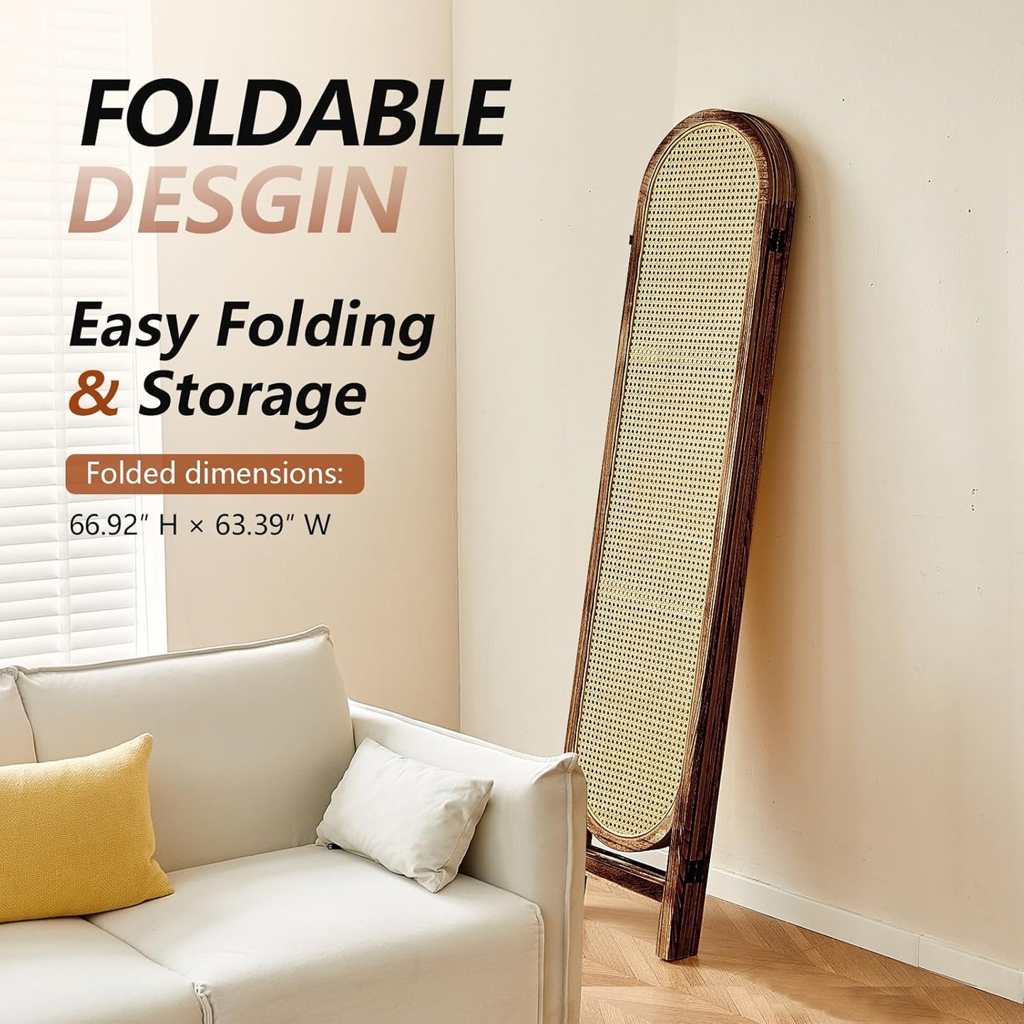 6 Panel Room Divider, Hand-Woven Rattan Room Divider Screen, Folding Privacy Screens with Double Hinges, Wooden Freestanding Wall Divider for Room Separation Bedroom Home Office - Brown