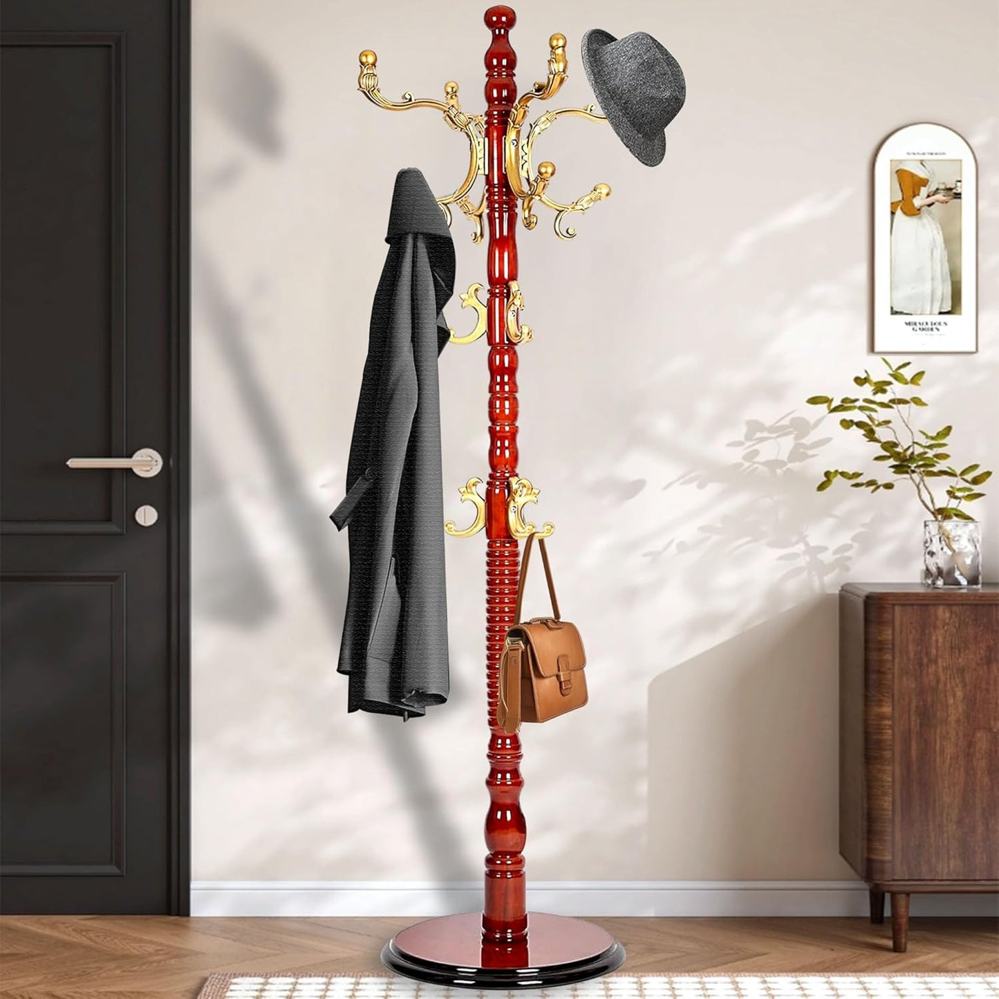 Vintage Free Standing Coat Rack with Disc Base, Solid Wood Coat Hanger Stand with 18 Hooks and 3 Adjustable Size, Standing Coat Rack Tree for Entryway, Bedroom, Hallway, Office, Apartment