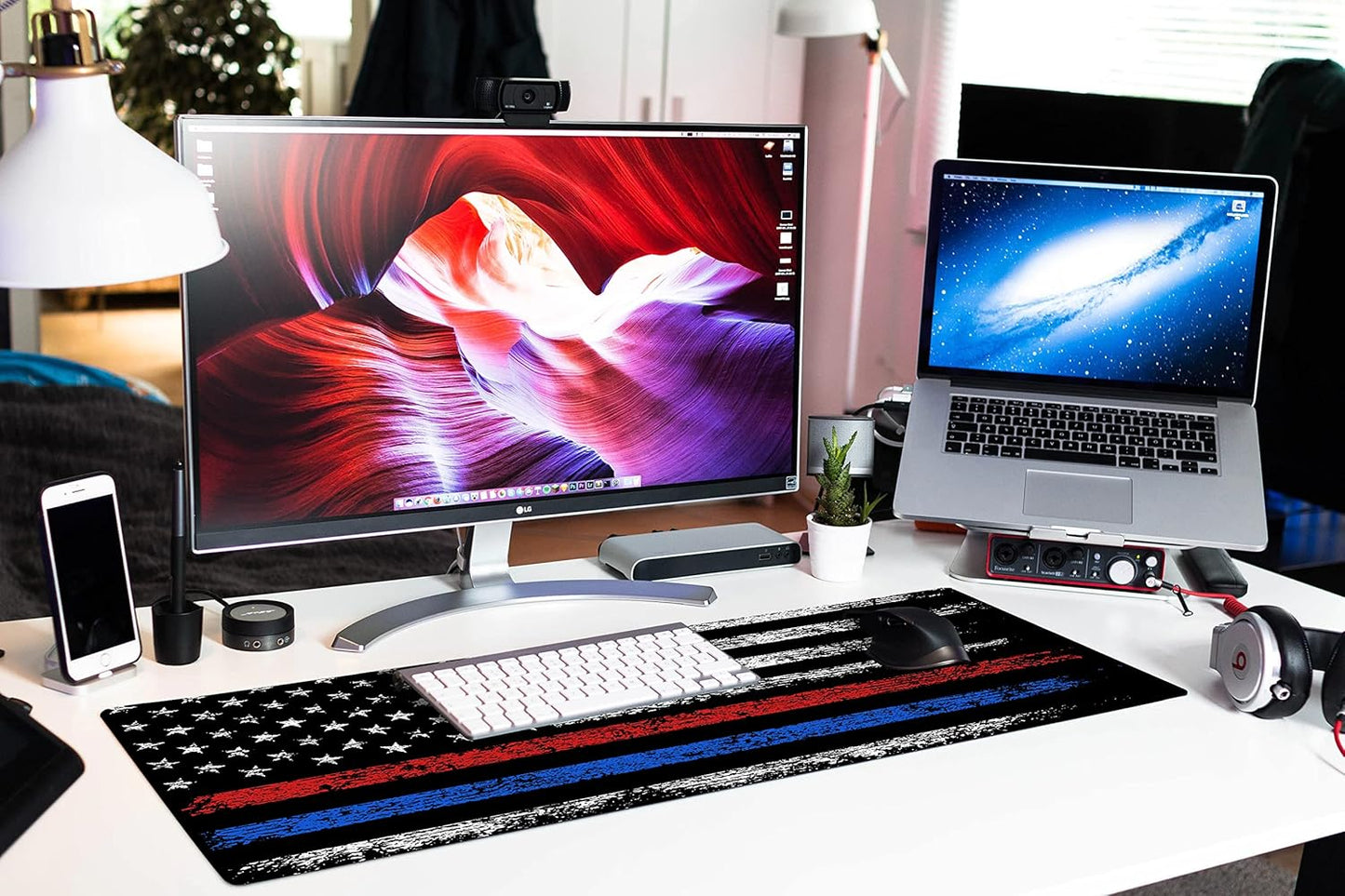 Extended Large Gaming Mouse Pad Red Blue American Flag XXL Size Keyboard Mouse Mat Desk Pad with Non Slip Rubber Base Stitched Edges Office Decor for Women Girls Men,35.4 x 15.7inch