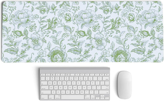 Sage Green Chinoiserie Mouse Pad,Sage Green Floral Desk Mat,XL Large Greens Floral Preppy Trendy Mouse Pad,Girly Gaming Mousepad,Girly Laptop Desk Mat for Dorm Home Office,31.5x11.8 Inch