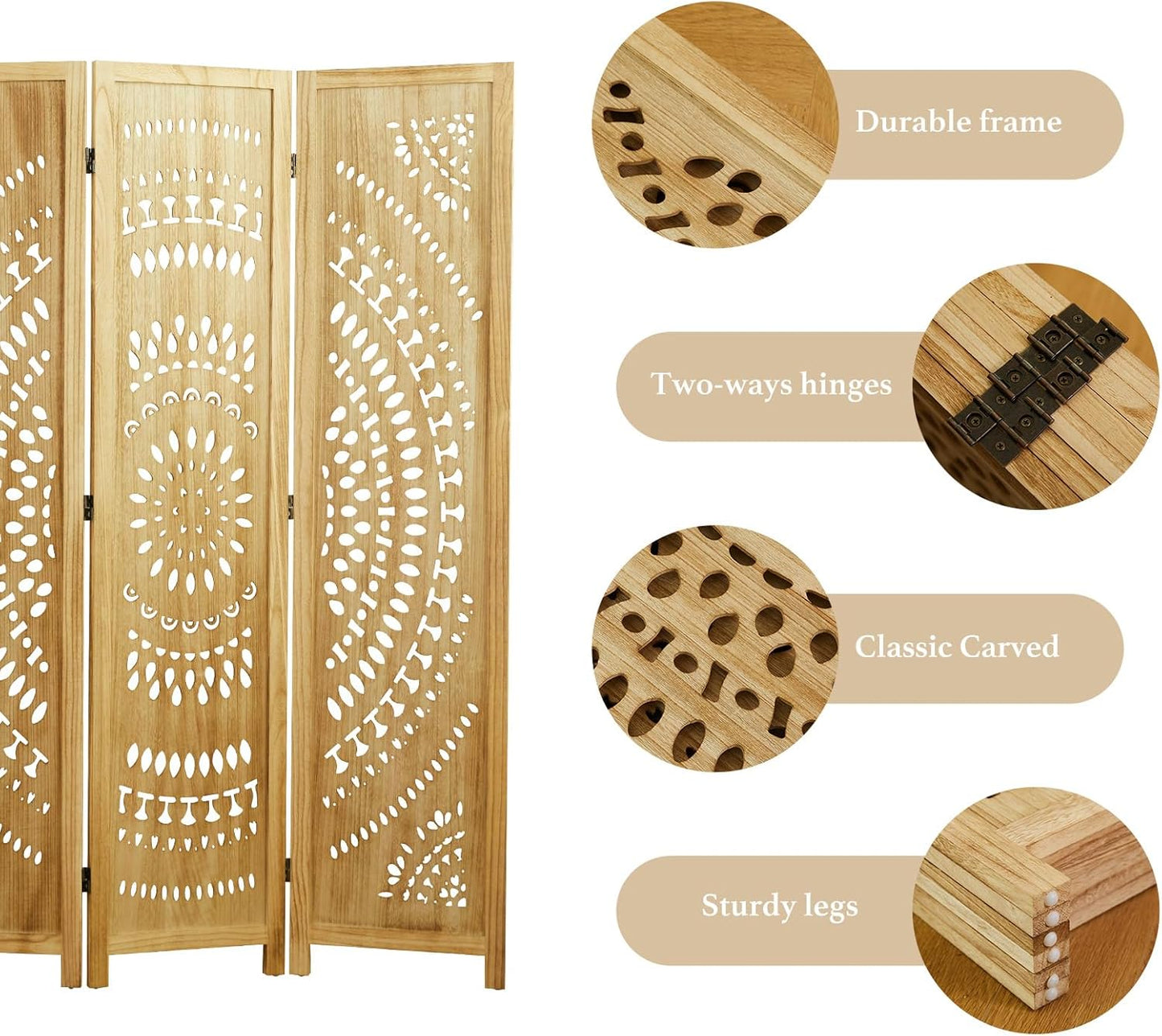 66.9Inch Folding Room Divider, 6 Panels Wood Carved Privacy Screens, Free Assembled Freestanding Partition for Home Office Restaurant Bedroom (Natural)