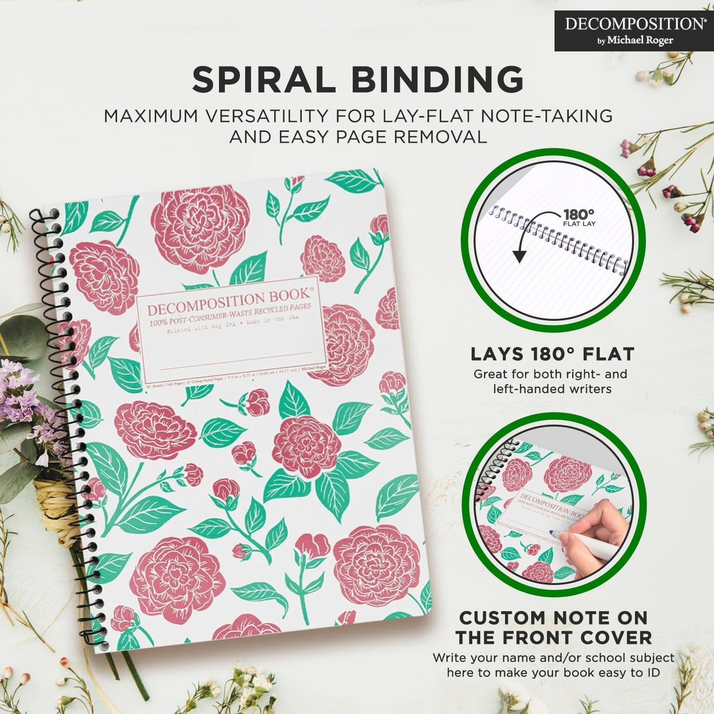 Decomposition Camellias College Ruled Spiral Notebooks – 9.75 x 7.5 Journal with 160 Lined Pages – Cute Notebooks for School Supplies, Home & Office – 100% Recycled Paper – Made in USA