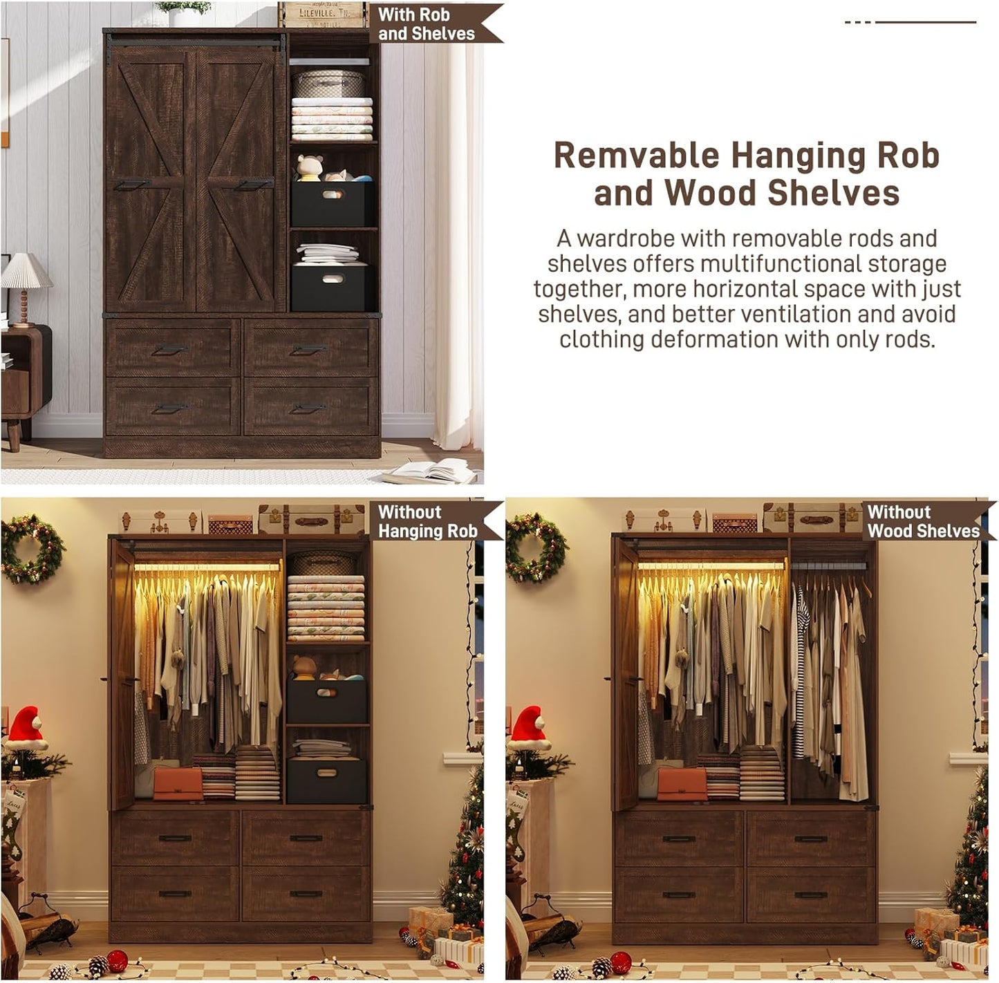 Farmhouse 3 Doors Armoire Wardrobe Closet w/Folding Sliding Barn Door and Lights, LED Armoire Closet w/Drawers for Bedroom, Freestanding Wooden Wardrobe Storage Closets w/Hanging Rod,Rustic Brown