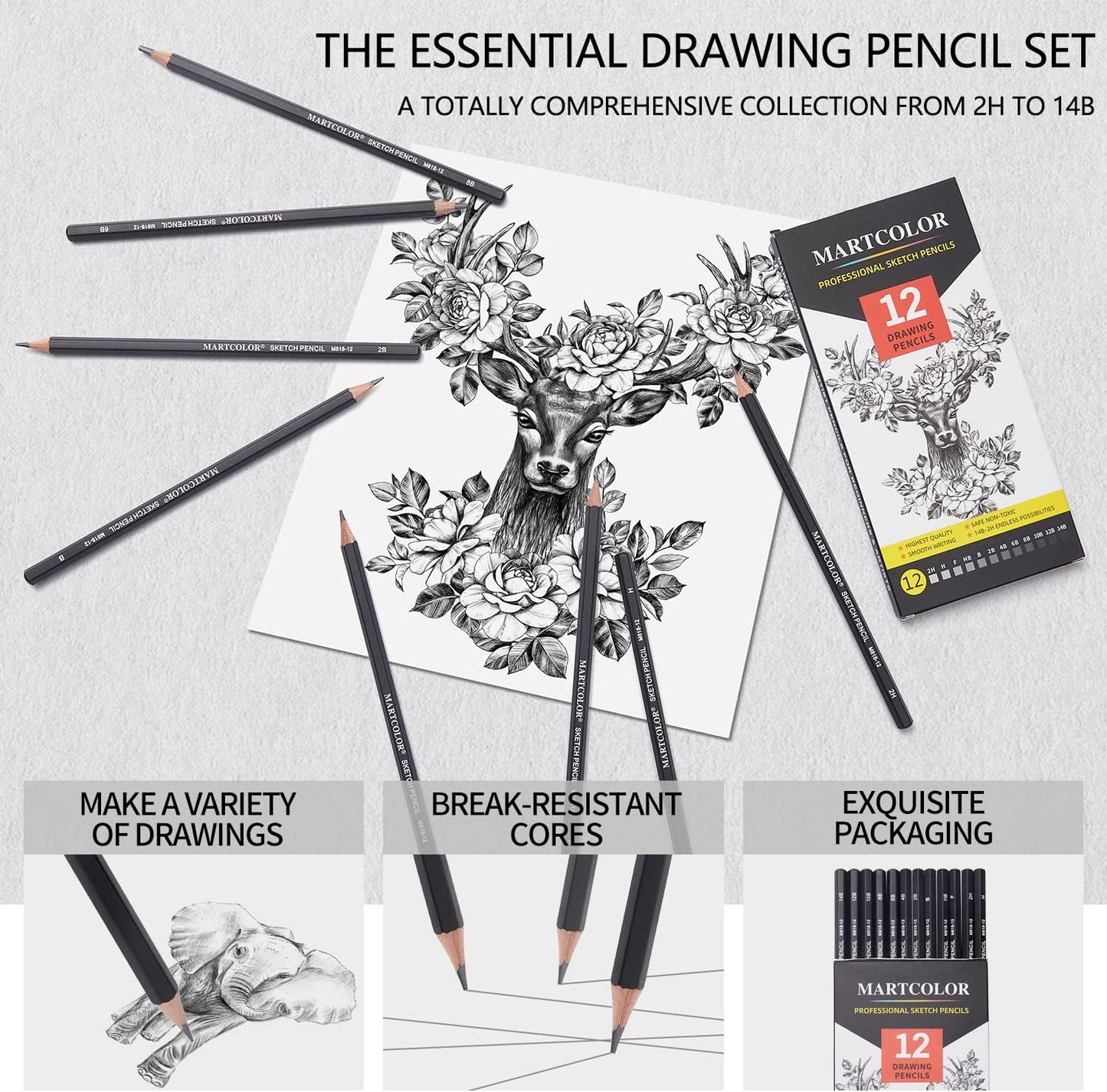 Drawing Sketching Pencils Set, 12 Pack Graphite Pencils(14B - 2H), Ideal for Drawing Art, Sketching, Shading, Artist Pencils for Beginners & Pro Artists