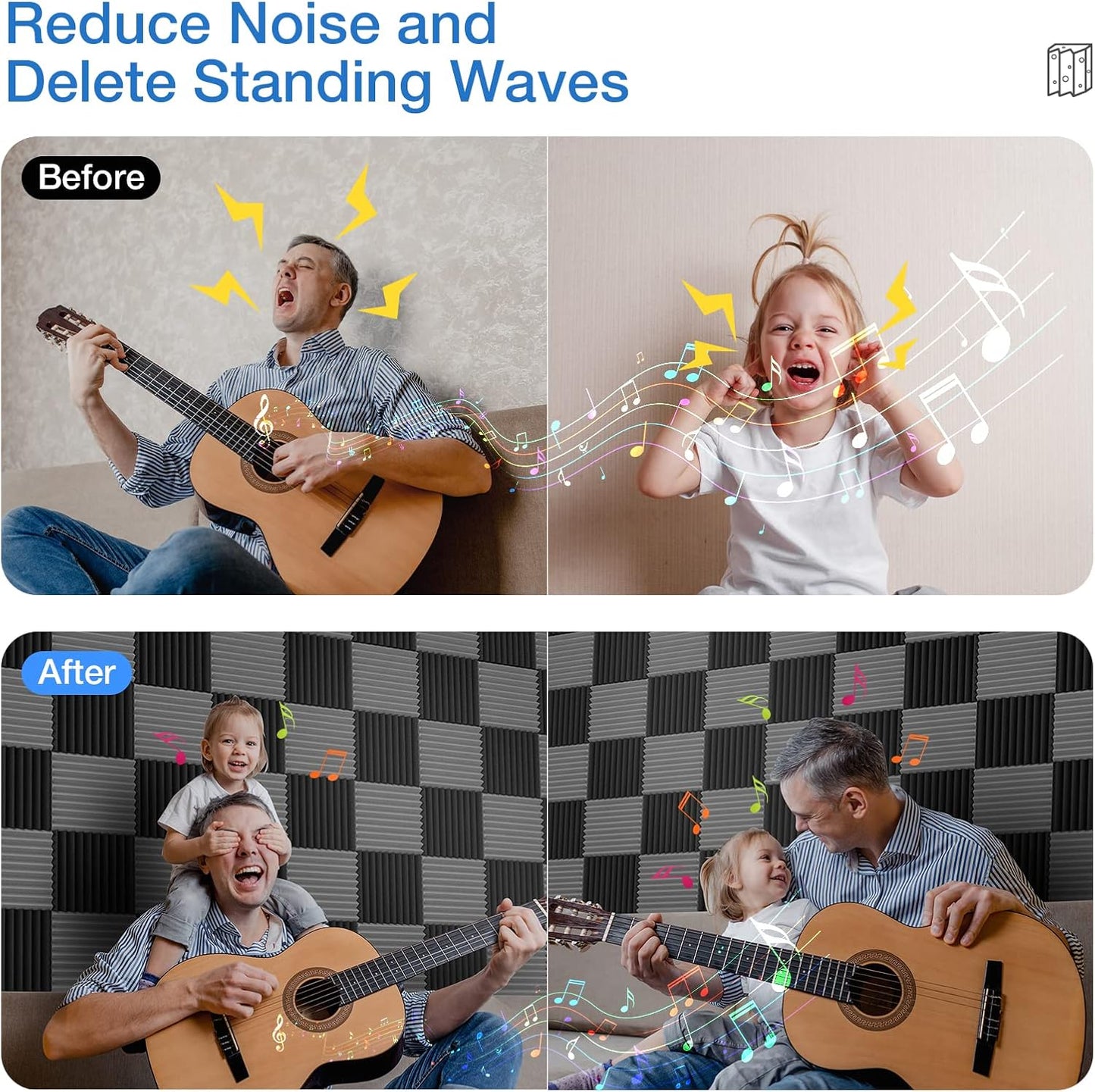 24 Pack Self-Adhesive Acoustic Panels - 2"X 12"X 12"Wall Panels - Quick-Recovery and High Density Sound Panels - Sound proof Acoustic Foam for Home Studio - Black and Gray