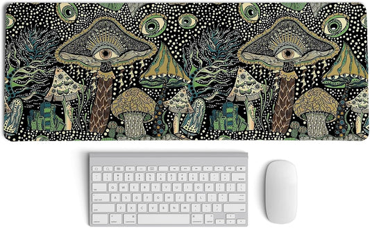 Boho Mushroom Floral Mouse Pad,Dark Green Cottagecore Mushrooms Desk Mat,XL Large Magic Vintage Boho Desk Mat,Summer Style Mouse Pads,for Dorm Home Office Desktop Decor Art,31.5x11.8 Inch
