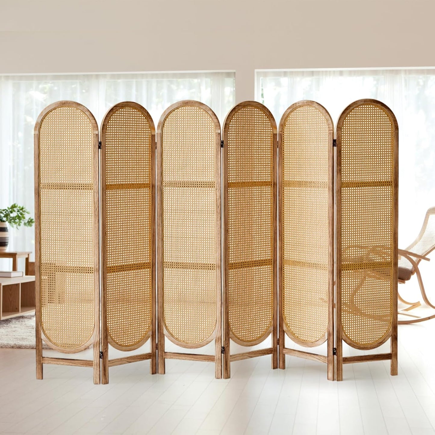 6 Panels Room Dividers and Hand-Woven Rattan Room Divider Wall, Wood Room Divider Folding Privacy Screens for Home Office Bedroom, Light Brown