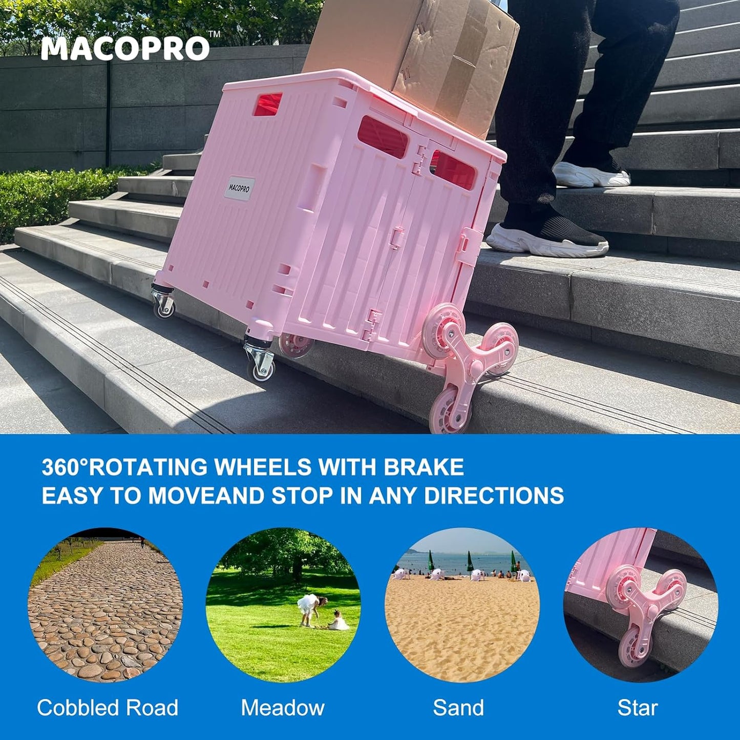 Foldable Utility Cart with Stair Climbing Wheels, Collapsible Rolling Crate with Telescoping Handle, Folding Shopping Trolley Handcart Grocery Book File Tool Teacher Storage Basket (Pink)