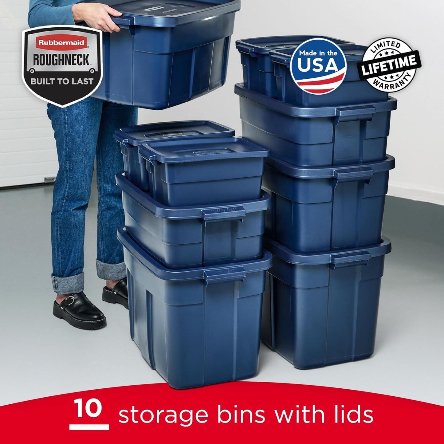 Rubbermaid Roughneck Tote Variety - |Made in the USA| Dark Indigo Metallic, Rugged Plastic Stackable Storage Tote with Lid and Handles (Pack of 10)