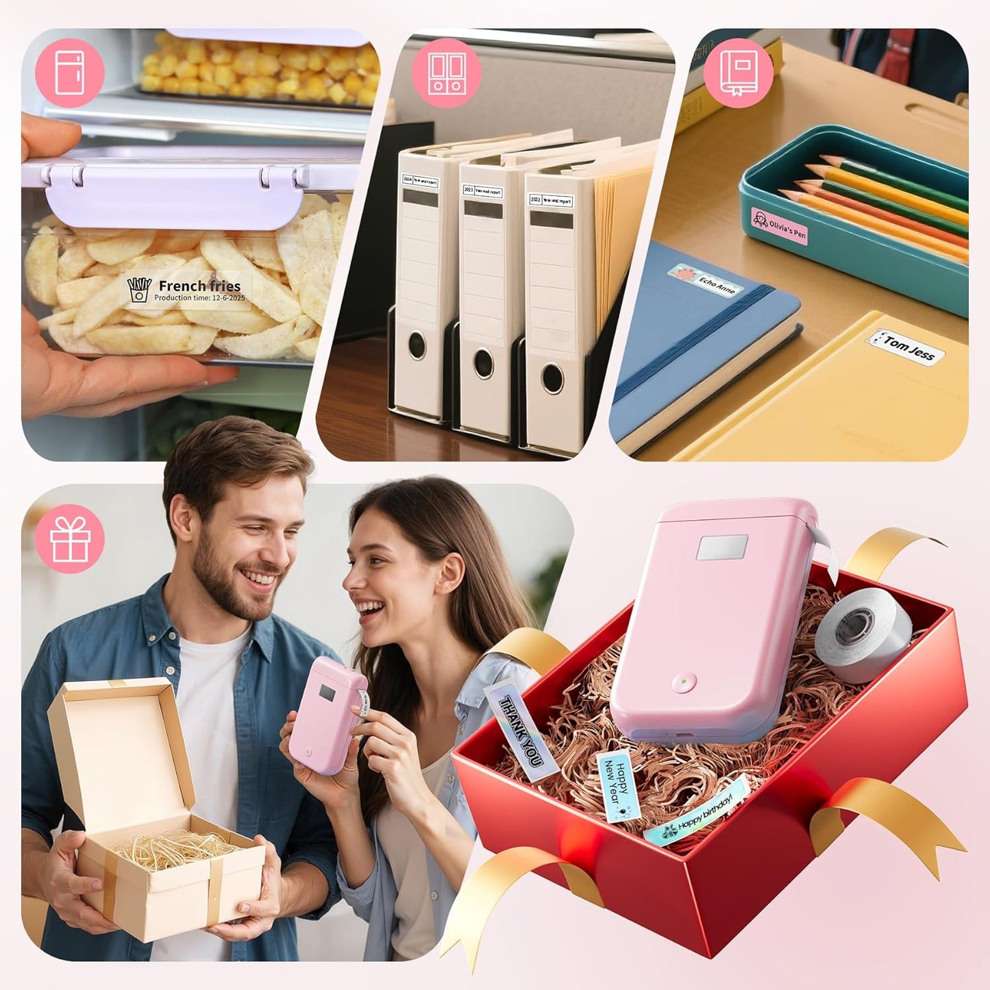 Label Maker Machine with Tape, Label Makers with Multiple Templates, Mini Label Maker Widely Used in Home Office School Organization, Bluetooth Label Printer Easy to Use for Small Labels, Pink