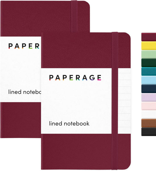 PAPERAGE Lined Pocket Journal Notebook, 2 Pack, (Burgundy), 160 Pages, Small Notebook, 3.6 inches x 5.6 inches - 100 GSM Thick Paper, Hardcover