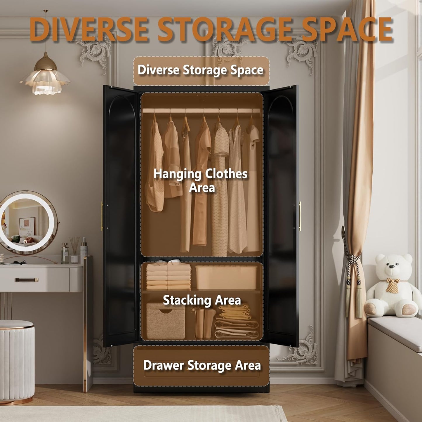 Metal Armoire Wardrobe Closet with Drawer, 71“ Tall Freestanding Wardrobe Cabinet with Doors and Shelves, Large Armoire with Hanging Rod, Clothes Cabinets for Bedroom, Black, Assembly Required